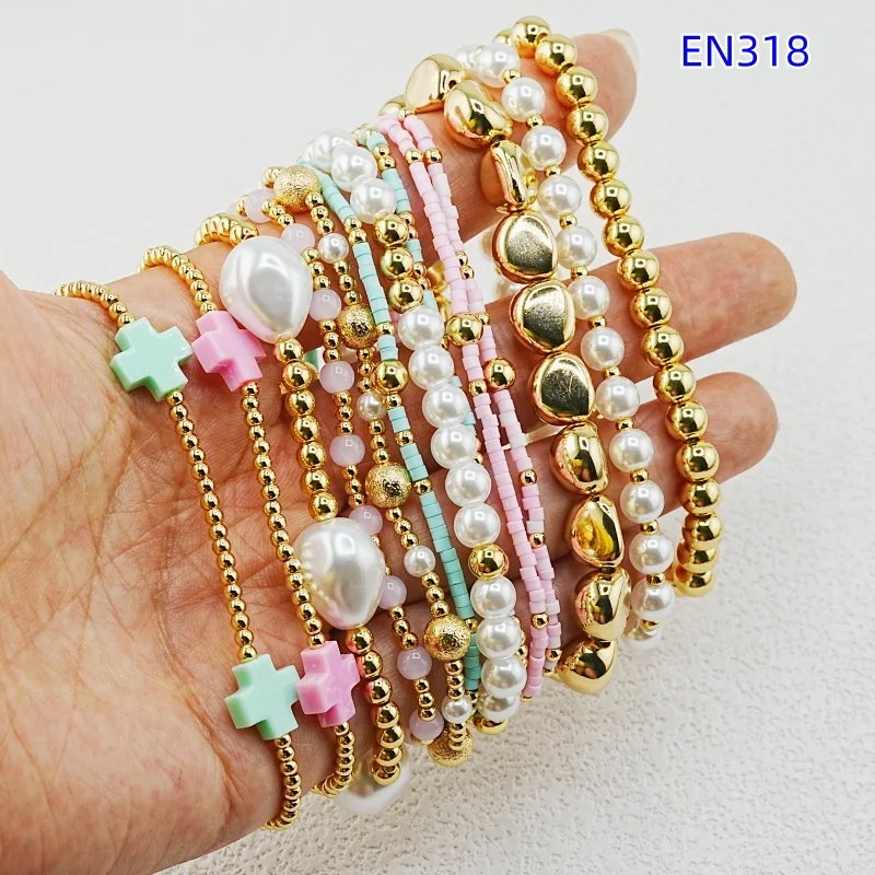 VKVVA Boho Beaded Bracelet Pack Gold-plated Pearl Baroque Bead Colorful Cross Charm 13pcs Stackable Layer Women Vacation Jewelry