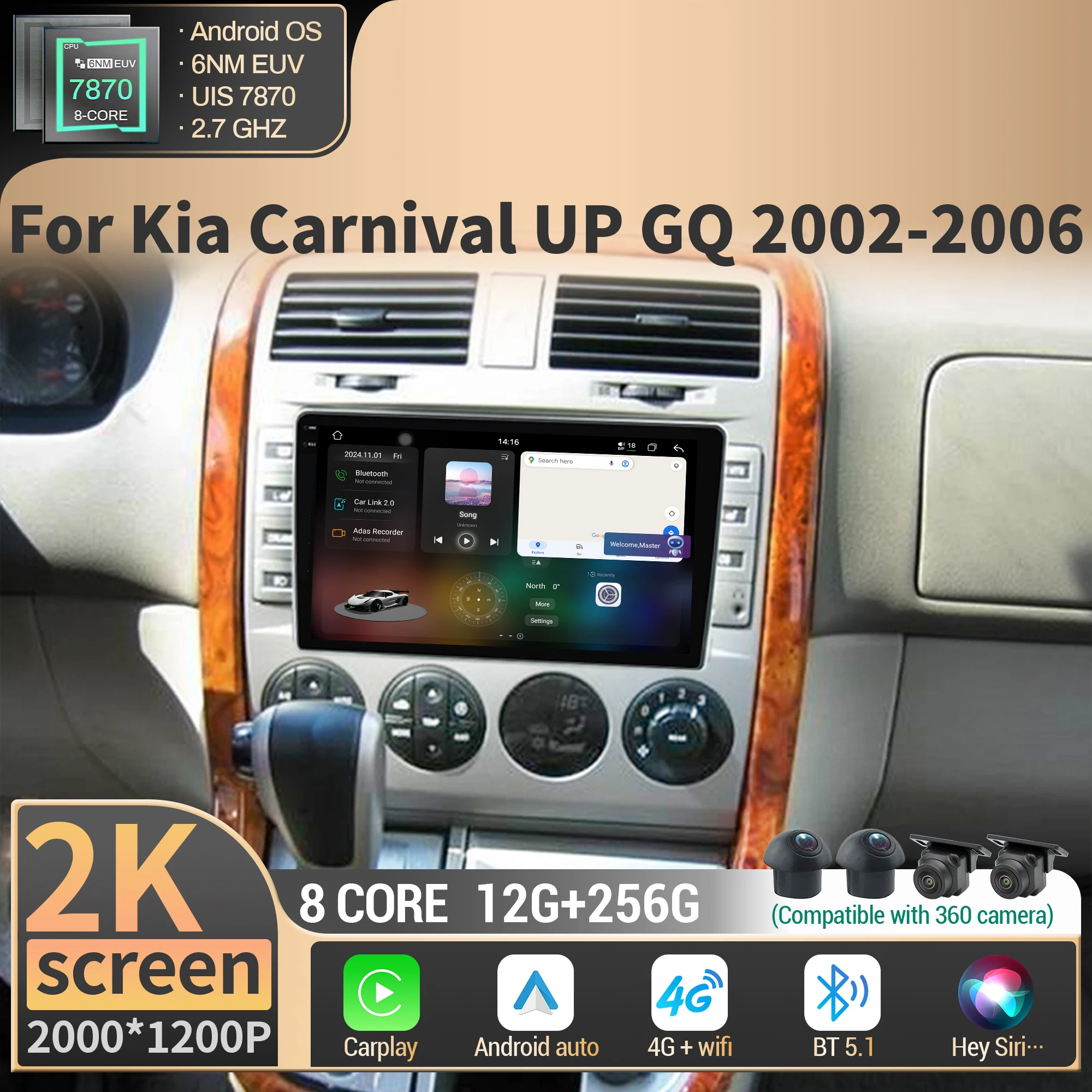 

For Kia Carnival UP GQ 2002-2006 Car Radio Wireless BT CarPlay Android 4G GPS Navigation Multimedia CPU 7870 2K QLED Screen