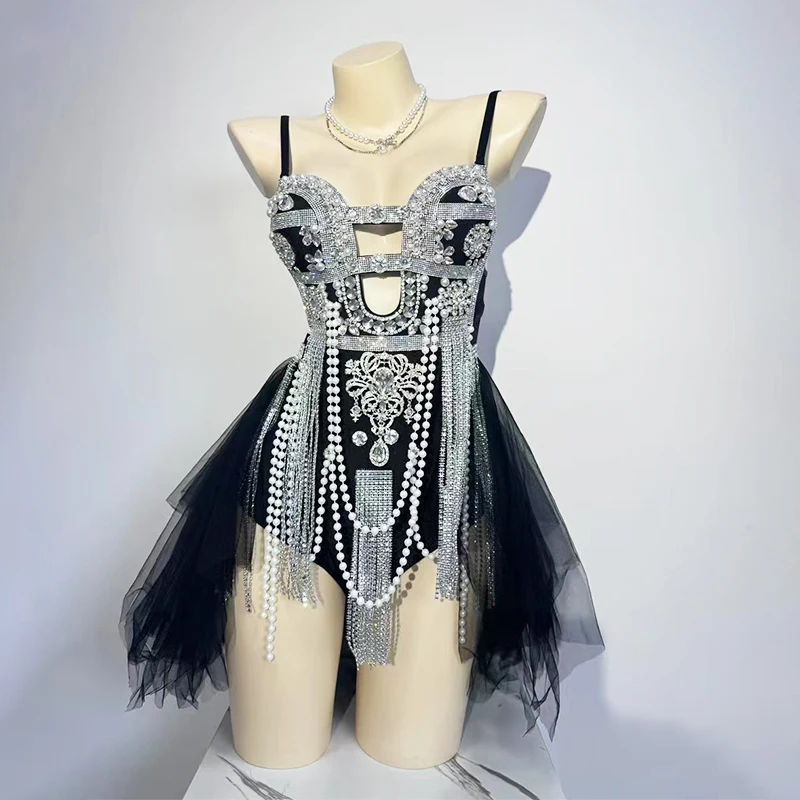 

Luxury Silver Rhinestones Tassel Bodysuit for Women Sexy Nightclub Bar Stage Performance Wear for Singer Costume Shows Rave