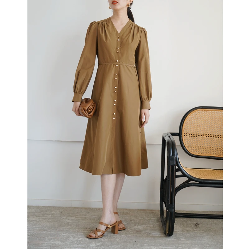 

Slimming Long Sve V-Ne Commuter Sle Dr High Waist A-Line Skirt Faionable Autumn Dr for Women