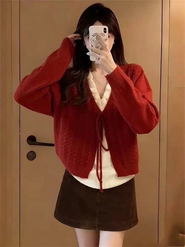 لينة محبوك الأحمر المتضخم سترة معطف شتاء جديد Sle فضفاضة تناسب ملابس خارجية مريحة كسول فتاة الشتاء الدافئة معطف ort