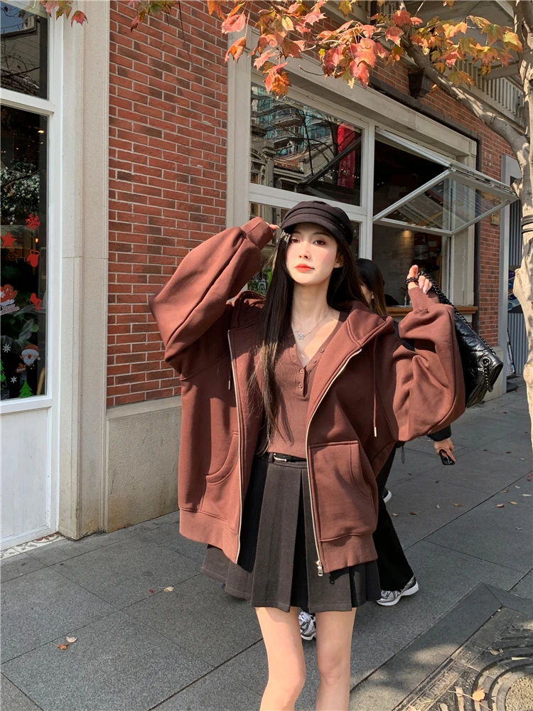 

Pure Color Hoodie Women's Thiened Fce Loose Fit Overhead Casual Hooded Sweatirt Jaet Street Sle Long Sve Coat