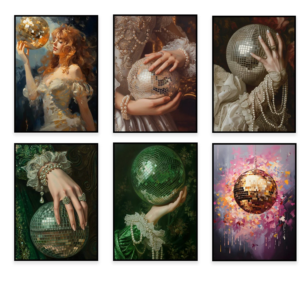 Victorian art change print moody painting, vintage disco ball print, green disco ball, pearls, dark moody retro poster