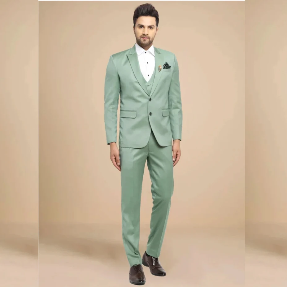 Wedding Mint Green Single Breasted Peaked Lapel Flat Luxury Wedding Skinny 3 Piece Jacket Pants Vest Slim Fit Blazer Male Cloth