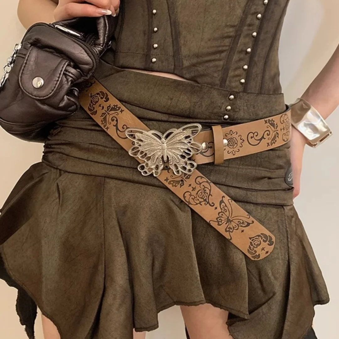 Retro Butterfly Waist Belt with Metal Hollow Buckle for Women Vintage Embossed PU Leather Decorative Belt for Skirt