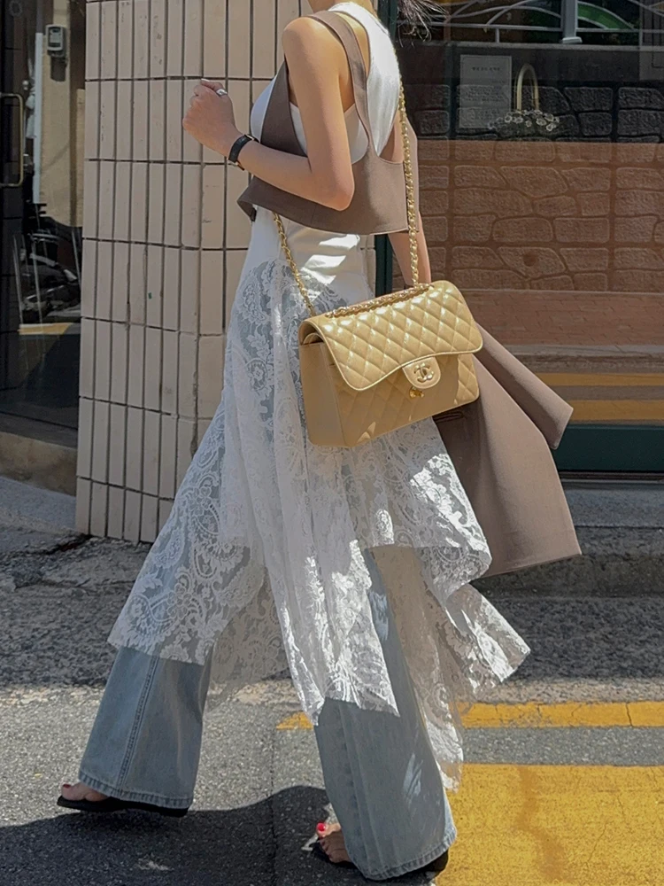 Vestido de Verão F com Design Irregular em Patchwork e Renda, Novo Vintage, Camadas Longas, Cintura Alta, Sem Mangas