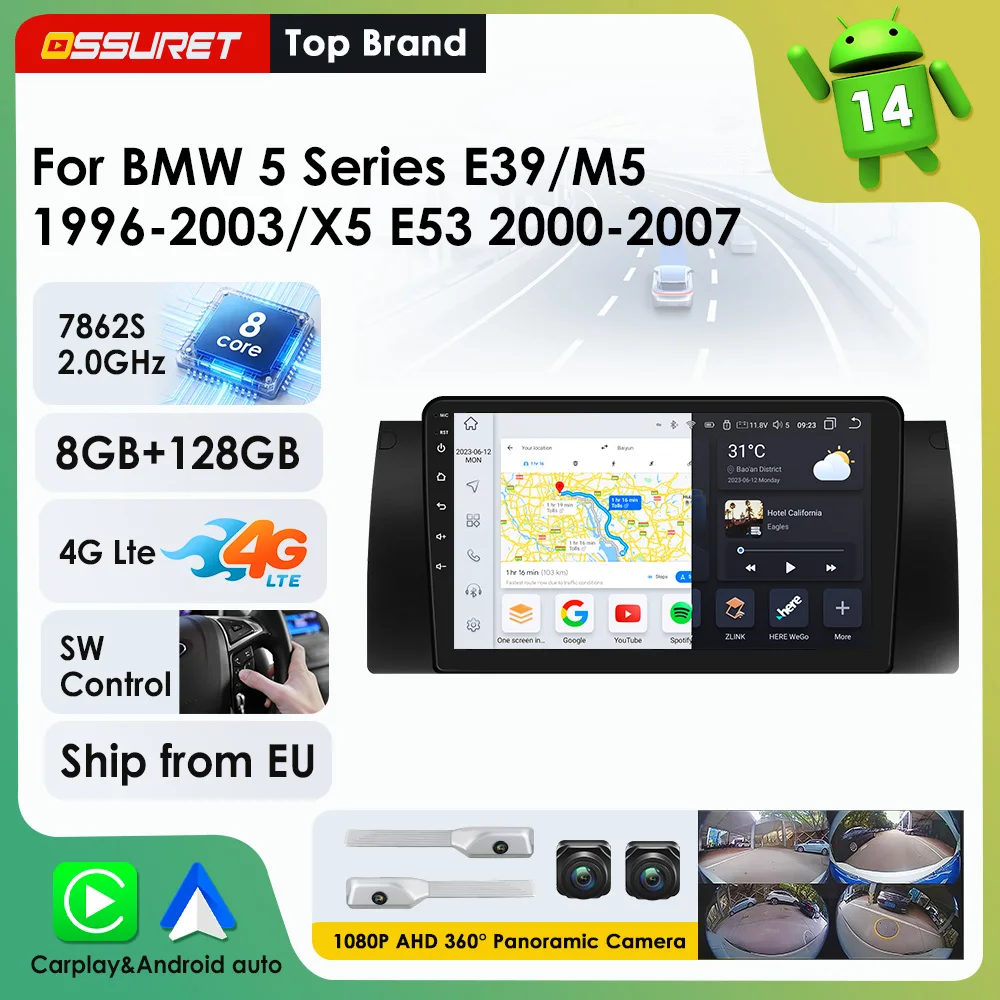 9"7862 AI Voice Carplay Android Autoradio für BMW 5 E39 X5 E53 M5 1996 - 2003 Multimedia-Videoplayer GPS-Navigation Stereo-Audio 2DIN 360-Grad-Kamera Haupteinheit RDS DSP 4G Wifi BT Bildschirm