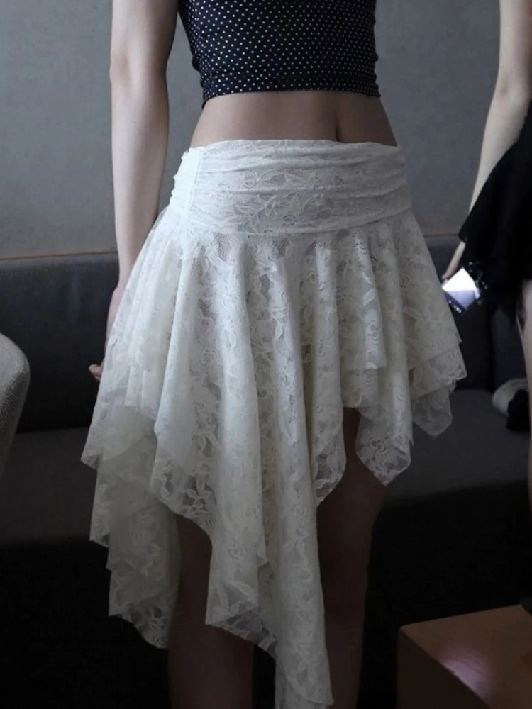 

Mia Girl Sexy Lace Pleated Skirt Floral Graphic Irregular Tiered Mini Skirts for Women French Style Design Summer Black Skirt