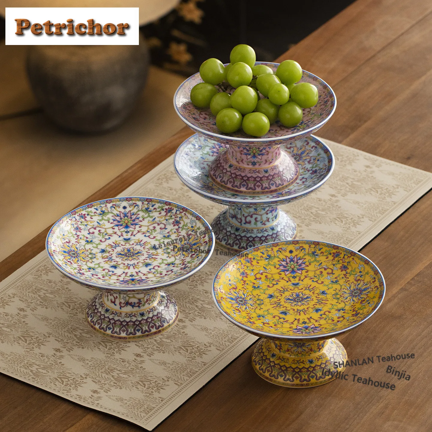 Enamel High Foot Fruit Dishes Traditional Pastry Plate Refreshment Fruit Plate Cake Display Stand Serving Tray Craft Ornaments