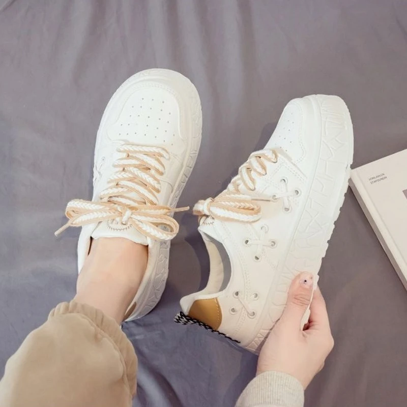 Women's White Sneakers Premium Genuine Leather Upper Non-Slip Rubber Sole Lightweight Chunky Heels for Everyday Casual Wear​ - view 4
