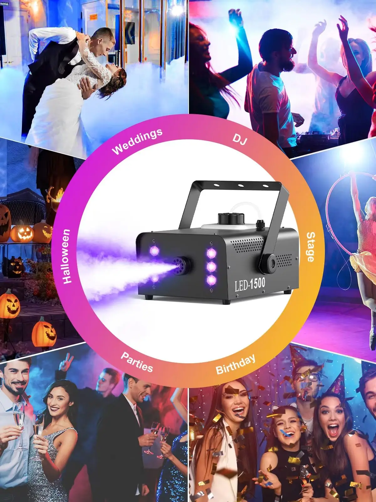 Yiflamefly 1500W Nebelmaschine 6 RGB-LEDs & 14 Farben & 4 verschiedene Geschwindigkeits-Lichteffekte Rauchmaschine für Hochzeit, DJ, Disco, Party, KTV
