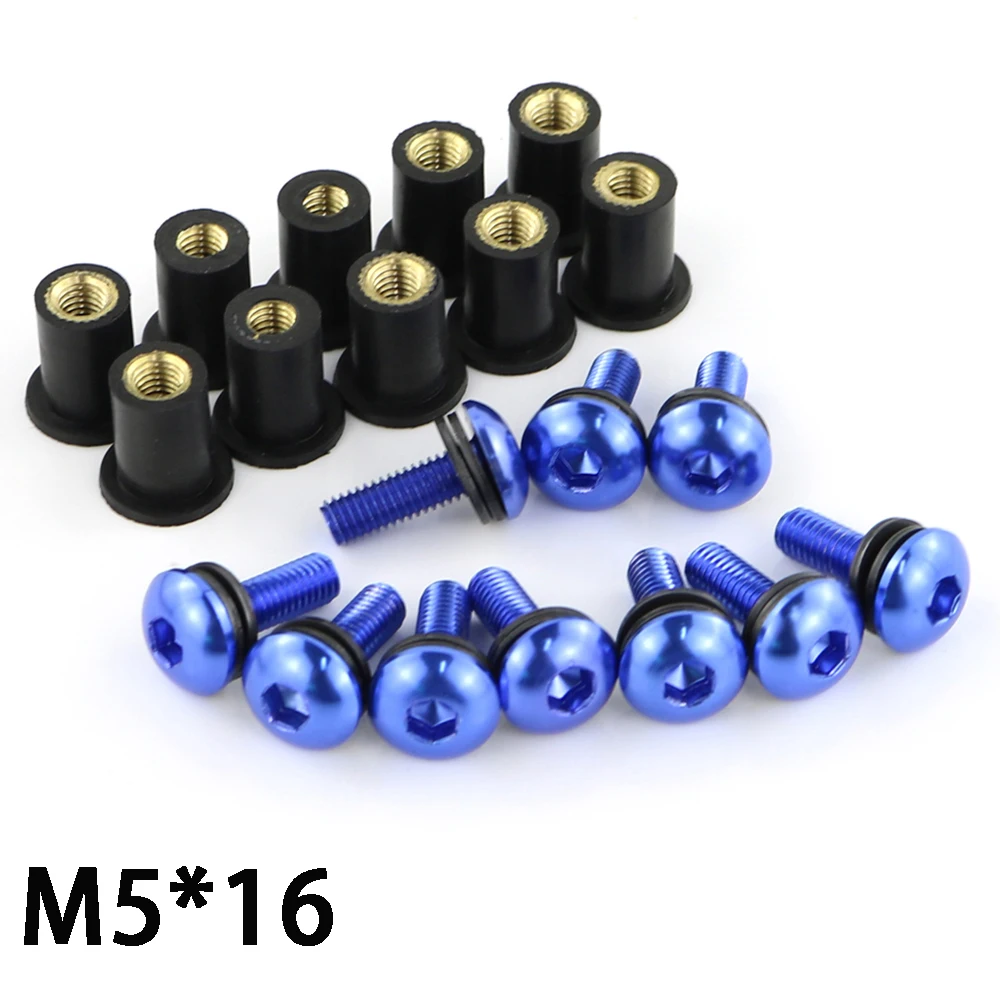 

10pcs/Set Kit Motorcycle M5 16mm Metric Rubber Well Nuts Windscreen Fairing Cowl Anodized Aluminum Moto Screws Bolts