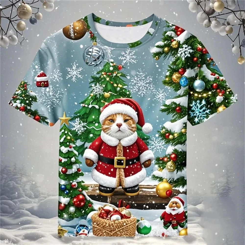 تي شيرت عيد الميلاد للرجال - سانتا ثلج الرنة مشهد الشتاء الجرافيك المحملة احتفالية عيد الميلاد ملابس للجنسين بلايز Y2k الملابس المحملة