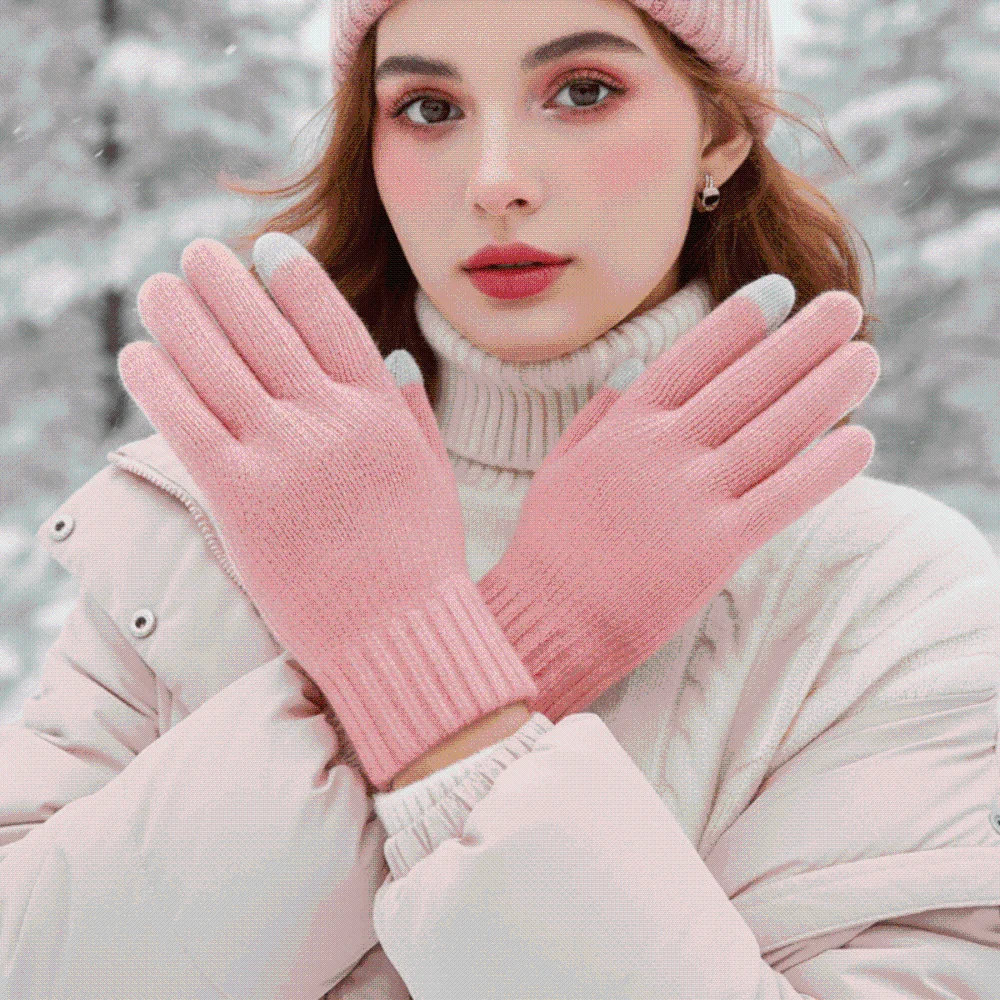 Leather Patch Touchscreen Gloves Solid Color Knitted Wool Winter Knit Mittens High Quality Thick Lining Woolen Warm Gloves