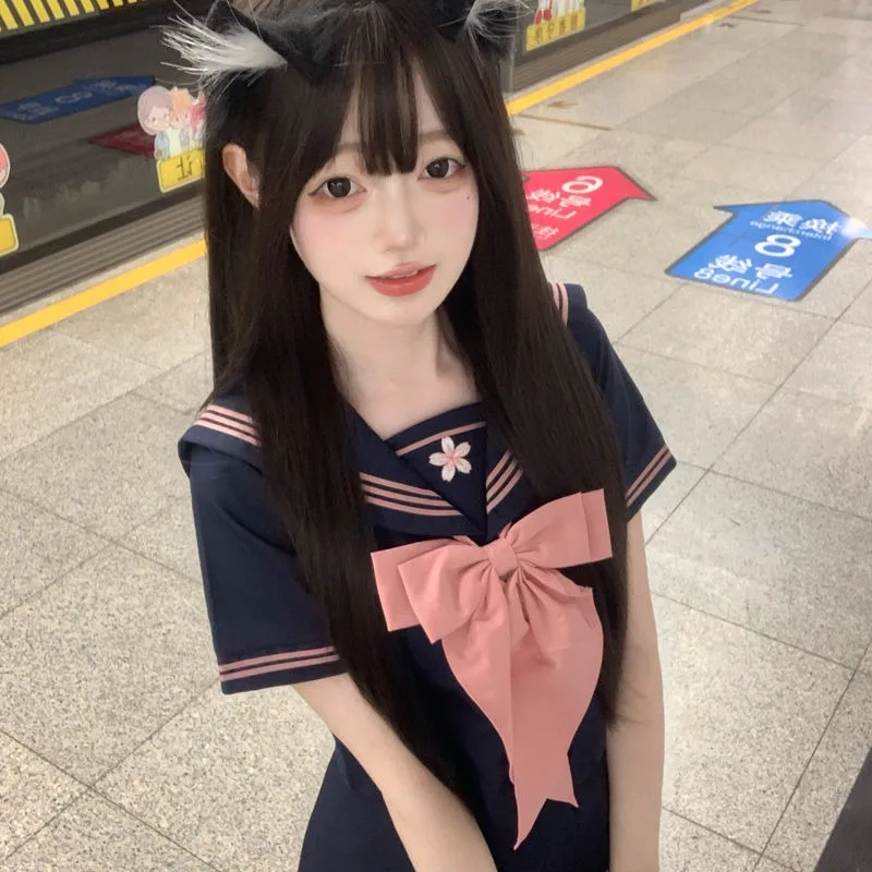 JK Uniform Sailor Suit Genuine Japanese College Style Basic Student Long-short-sleeved Suit Cyan Cute Role Play Summer Cyan