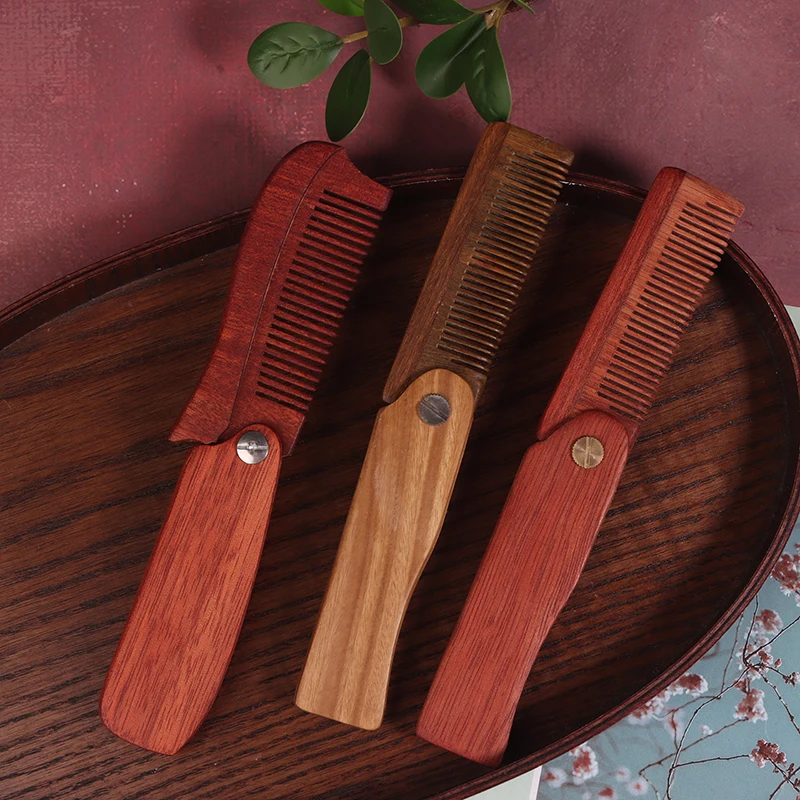 مشط جيب للرجال، مشط لحية خشبي قابل للطي، أمشاط شعر من خشب الصندل للرجال مثالية للاستخدام مع بلسم اللحية