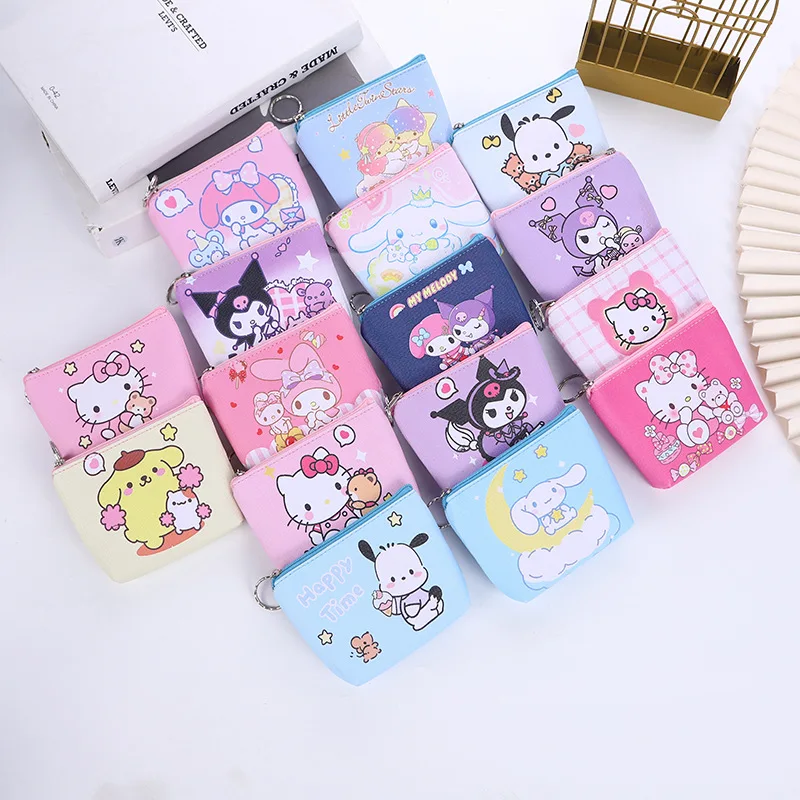 Sanrio Cartoon Kuromi Hello Kitty My Melody Printed Children PU Zip Coin Purse Bags Girls Storage Pouch Wallets Mini Wallet