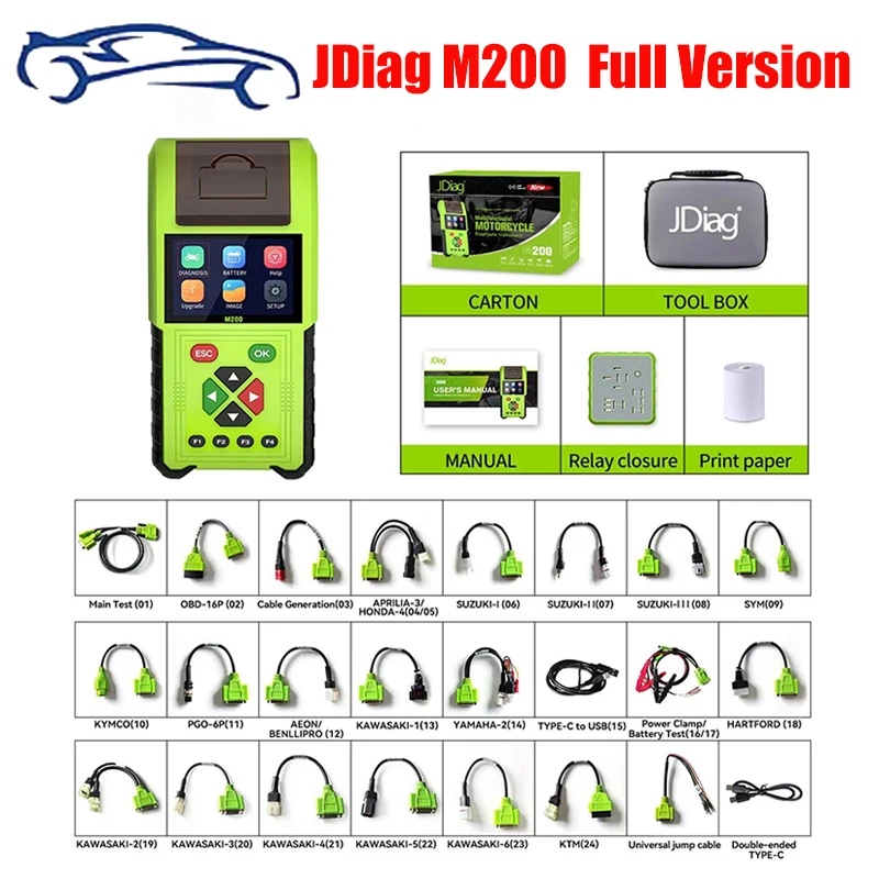 JDiag M200 Motorcycle Diagnostic OBD2 Scanner Moto Fault Code Reader Battery Tester Motoscan Tool For BMW Yamaha Kawasaki Honda