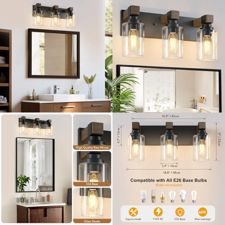 

Farmhouse Bathroom Vanity Light Fixtures, Rustic Wood Vanity Lights for Bathroom, Vintage Wall Sconces Lighting, Light fixtures