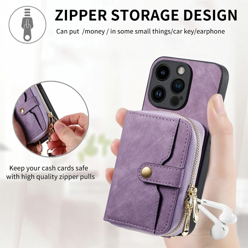 Back Zipper Card Slot Phone Case For iPhone 16 15 Plus 14 13 12 11 Pro XR X XS Max 7 8 Plus Protective Cover With Shoulder Strap image 3