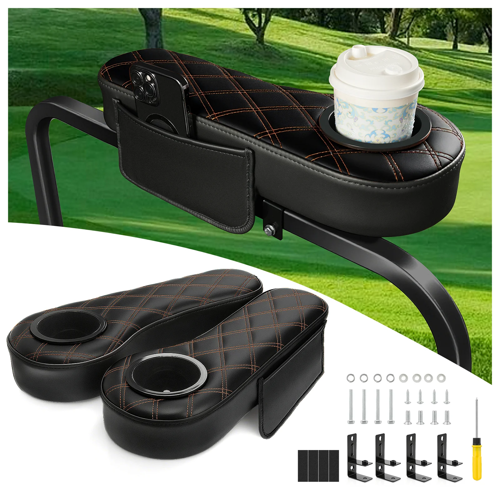 ゴルフカート用pvcアームレスト、カップホルダーと携帯電話収納バッグ付き、クラブカーezgoヤマハ後部座席用