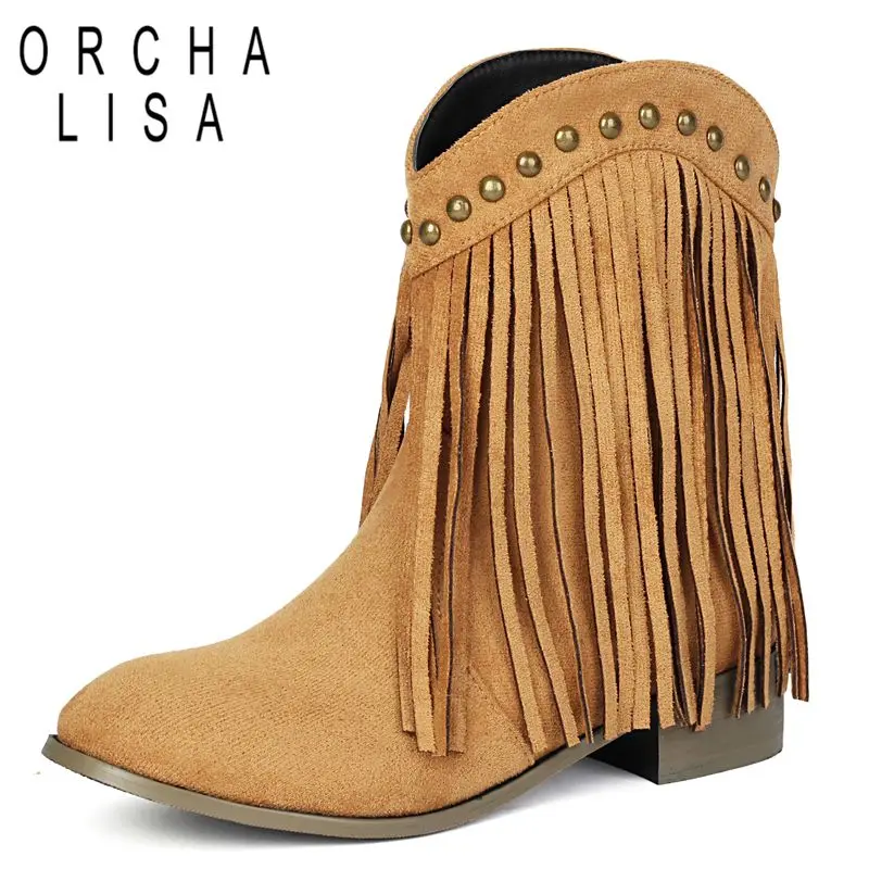 

ORCHA LISA/женские сапоги до середины икры с круглым носком, толстая подошва 3 см, без шнуровки, с заклепками, кисточками, из флока, замша, расширенный размер 45-47, зима