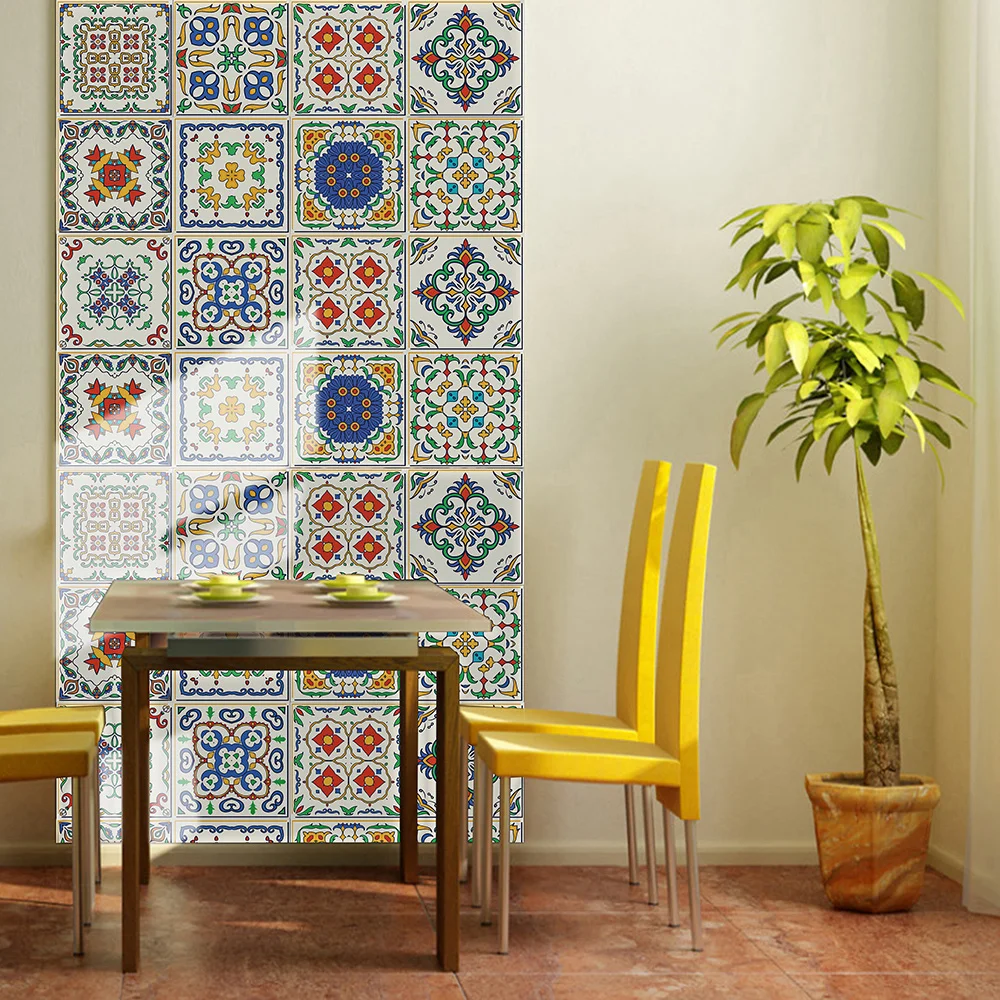10 pcs/pack, Colorful Ethnic Style hard PVC Self-Adhesive Tile Stickers - Waterproof, Oil-Proof, Easy to Clean for Home Decor