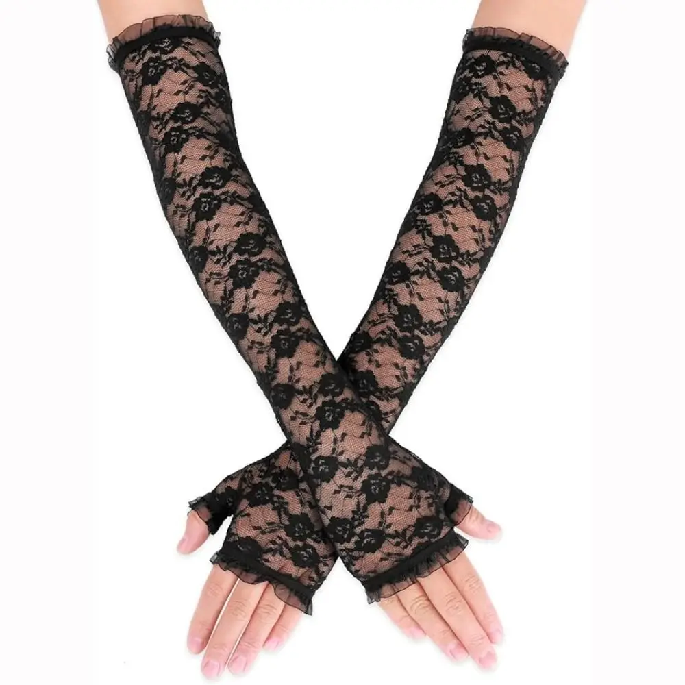 

Fashion Accessory Long Lace Gloves Cuff Design Black White Fingerless Gloves Thin Gothic Gloves