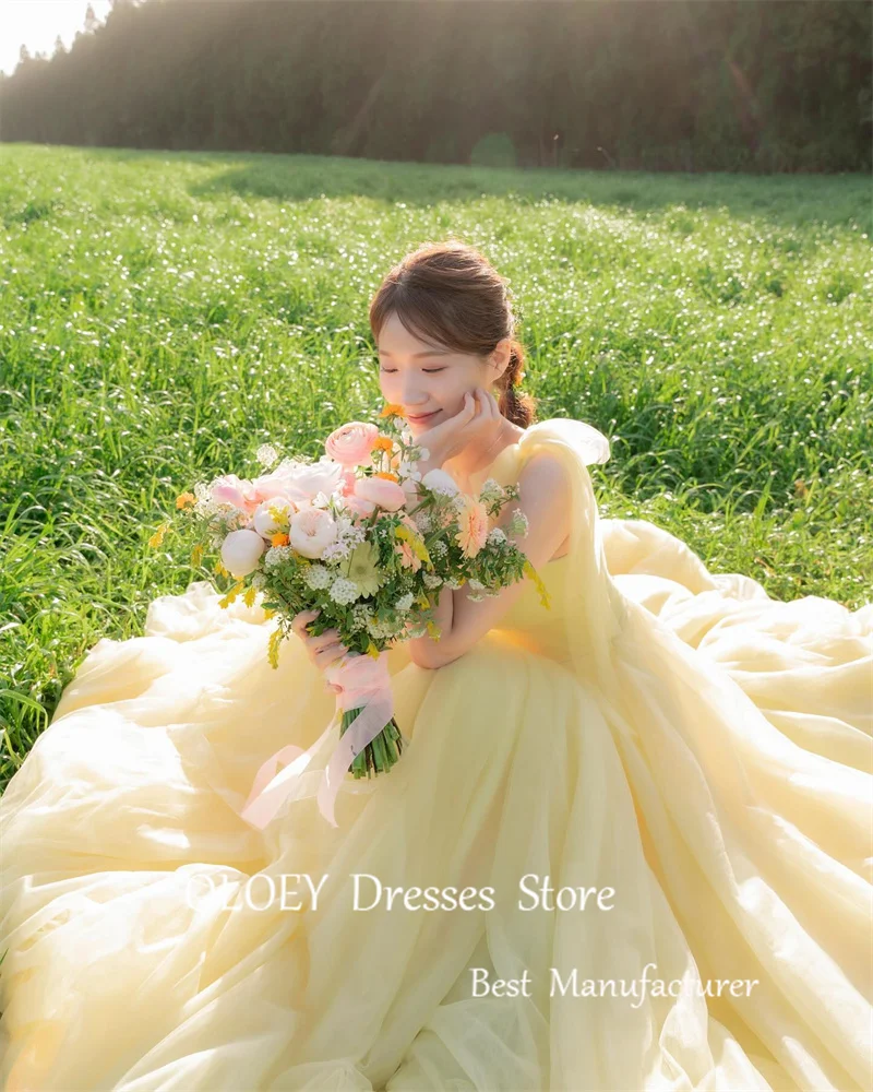 OLOEY Princess Yellow A Line Soft Tulle Wedding Dresses Korea Photoshoot Straps Corset Back Sweep Train Evening Party Gowns