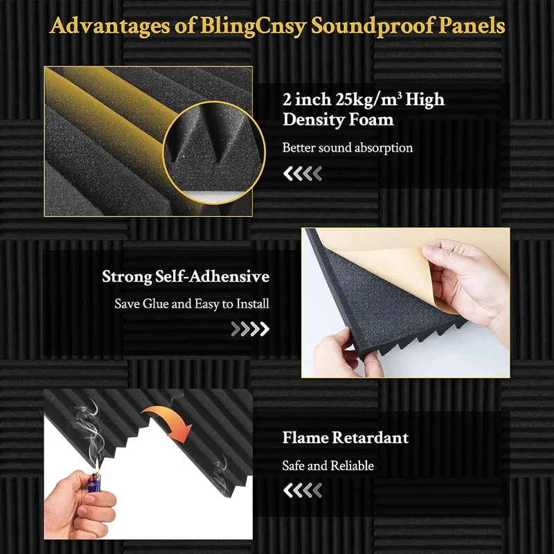 6 Pack Acoustic Panel 2 X 12 X 12 Inch Self-Adhesive High Density Wedge Acoustic Foam Soundproof Wall Panels