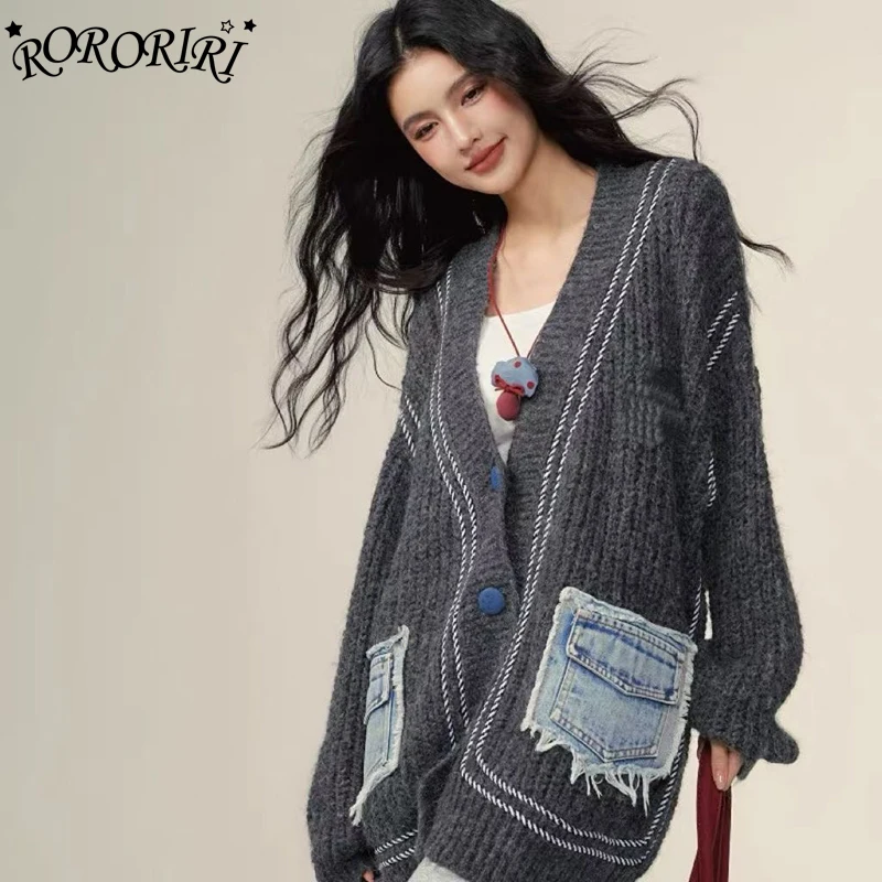 

RORORIRI ретро стежка джинсовый кардиган с карманами свитер женский с длинными рукавами и v-образным вырезом свободный вязаный джемпер верхняя повседневная одежда для отдыха