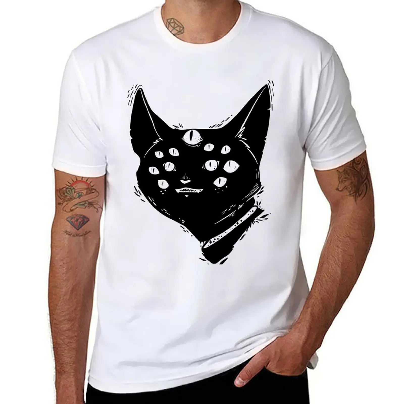 Strange Weird Many Eyed Cat Creature, Goth Artwork T-Shirt man t shirt cotton man t shirt summer T-Shirt