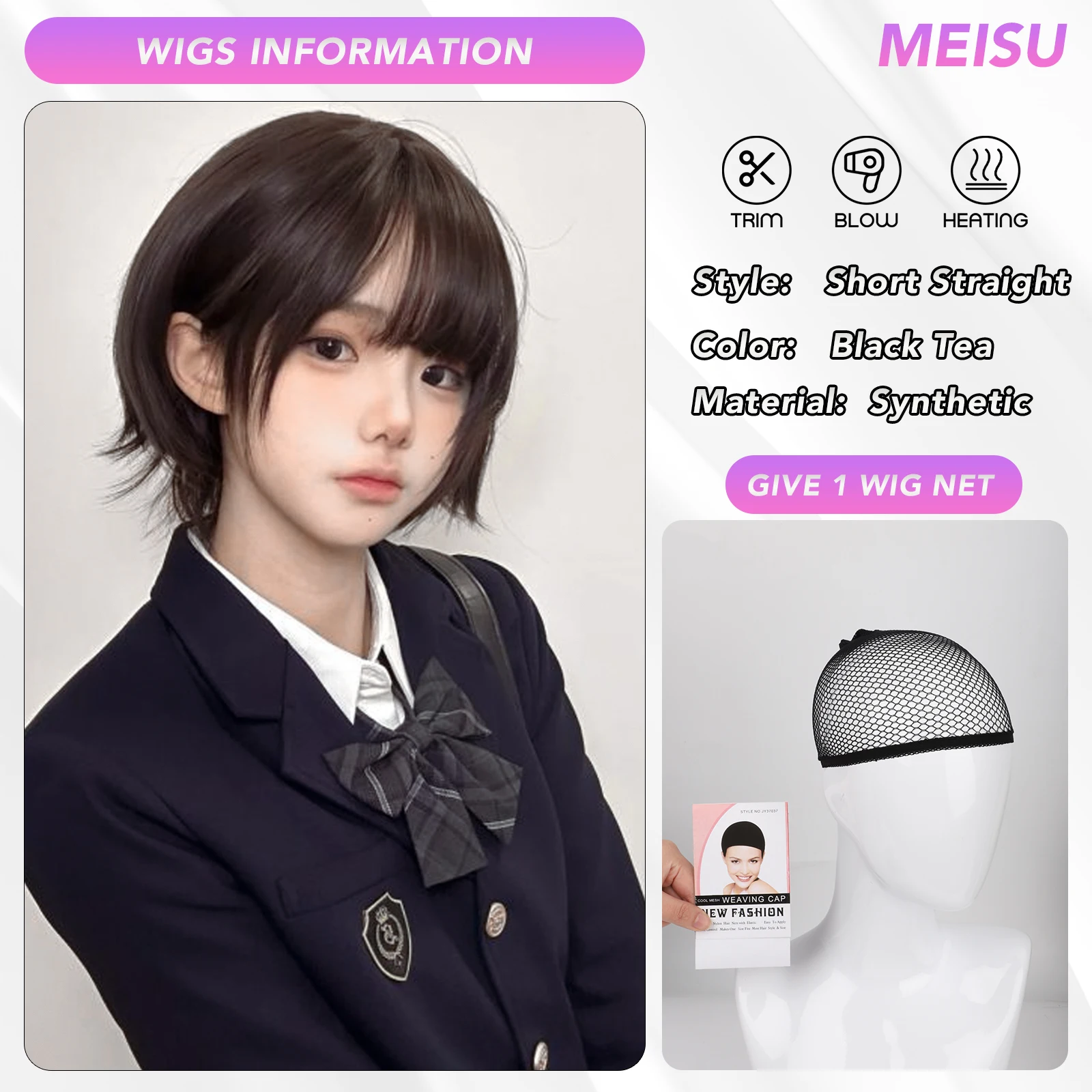 MEISU 10 بوصة قصيرة بوبو الانفجارات شعر مستعار الشاي الأسود الألياف الاصطناعية مقاومة للحرارة الطبيعية وسلسة Selfie حفلة للنساء