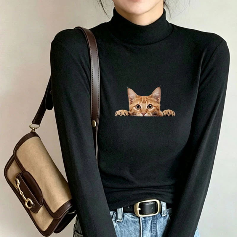 2026 New Autumn Winter Thermal Brushed Fleece Long Sleeve Graphic Print T shirt Blouses Female Warm Shirt Women Top