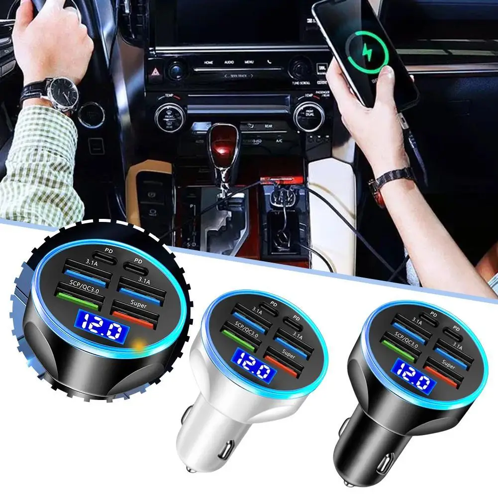 66W 6 in 1 USB Car Charger ประเภท C 12V แจ็คซิการ์ Fast CHARGING ADAPTER SOCKET ไฟแช็กสําหรับ iPhone