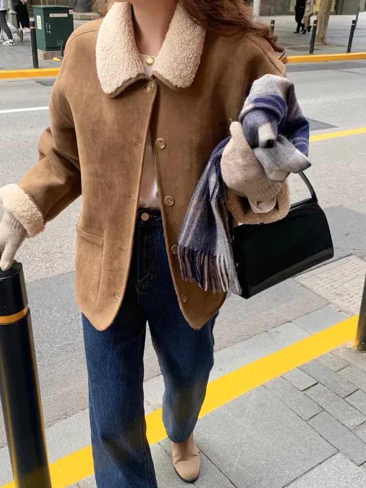 동대문 양면 착용 양털 자켓 칼라 더블 키티 따뜻한 인조 사슴 가죽 벨벳 탑 여성용 아우터웨어