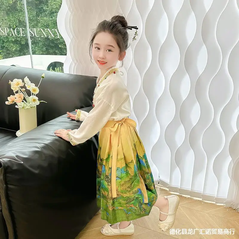 Vestido chinês hanfu princesa para meninas, terno de saia com cara de cavalo, relógio de bebê Tang S, estilo antigo, novo, primavera, outono, 24