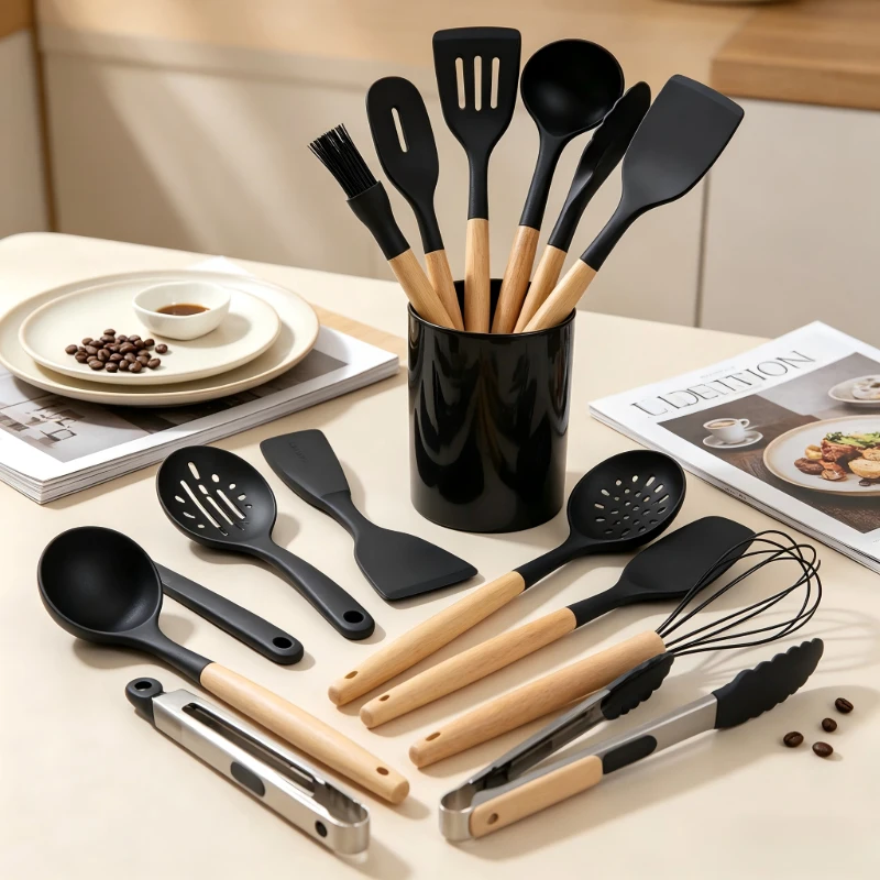 12Pcs Black Silicone Kitchen Utensils Set Wooden Handle Non-Stick Cookware with Color Box Packaging for Home Cooking
