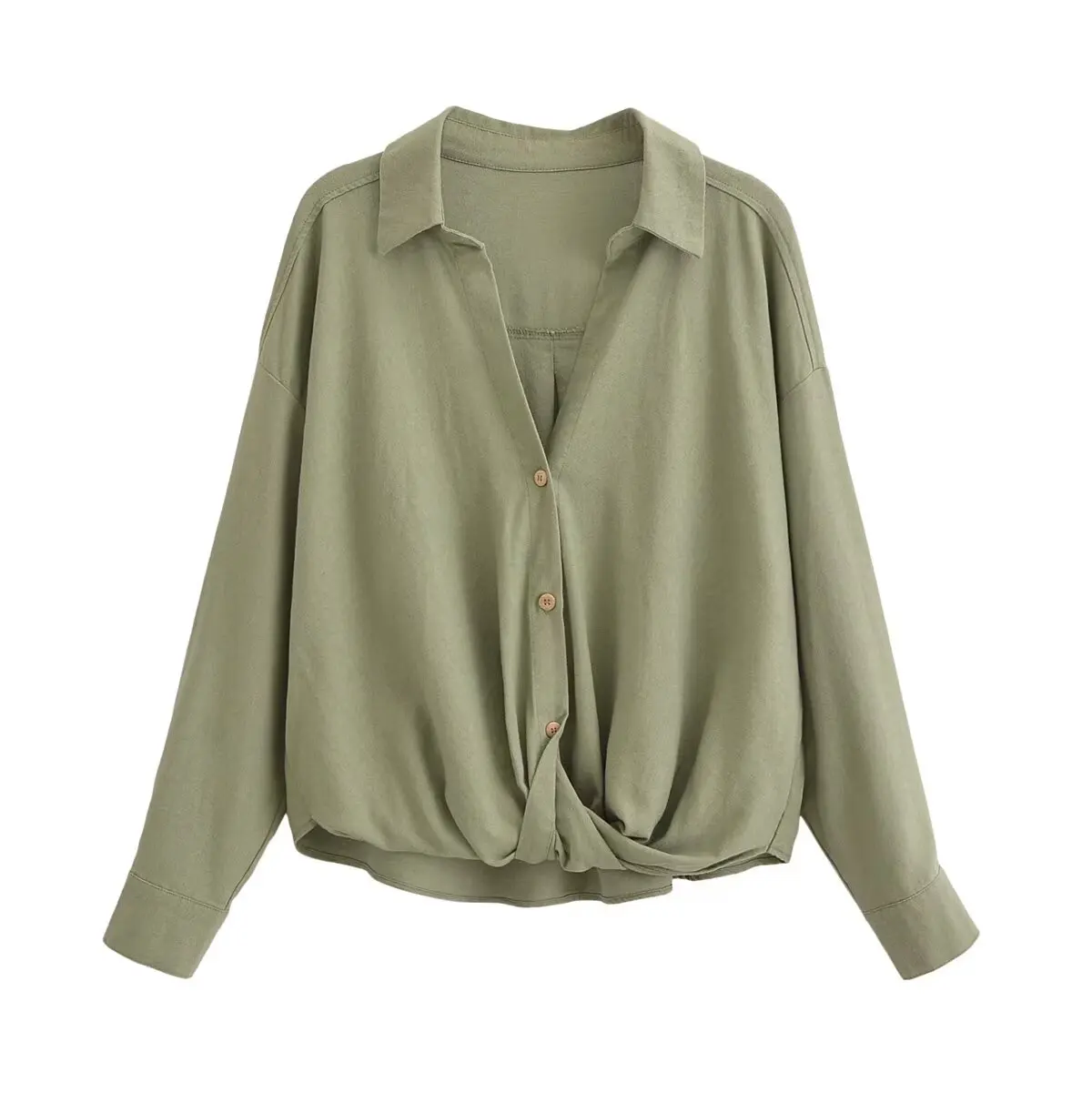 Dave&Di French Minimalist Army Green Shirt Women Fashion Ladies Roll Up Sleeve Bow Casual Blouse Blusas Mujer De Moda 2024