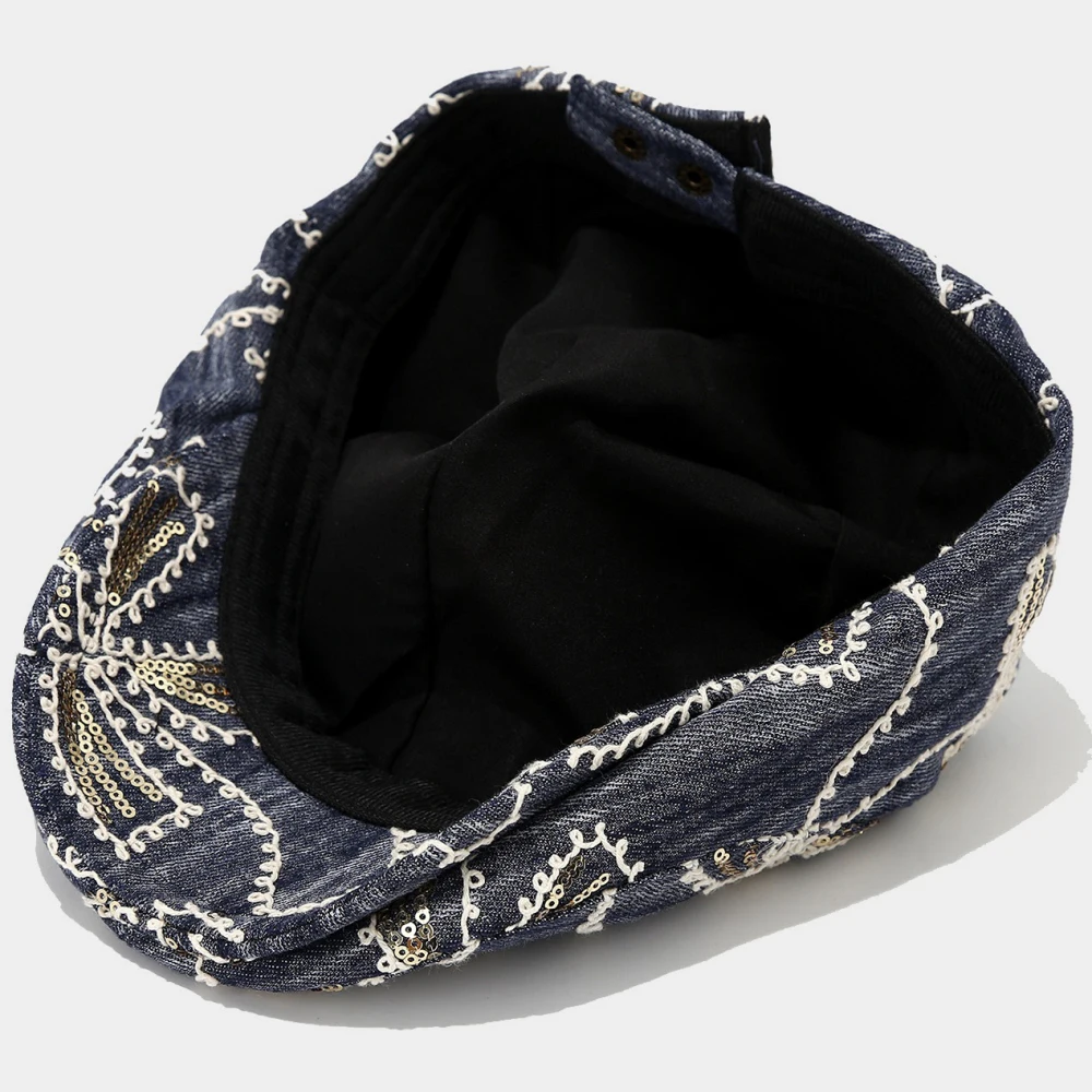 HT4833 Herren Berets Frauen Vintage Künstler Maler Baskenmütze Hut Männlich Weiblich Pailletten Ivy Flache Kappe Frühling Sommer Herbst Denim Baskenmütze Kappe – Detail 11