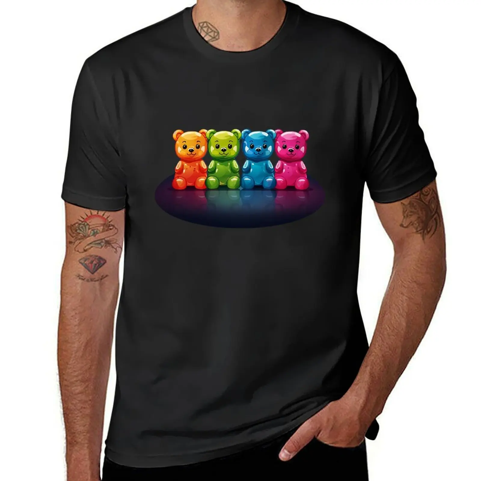 Candyland Cuties - Rainbow Gummy Bears On A Black Background T-Shirt tops funnys mens graphic t-shirts