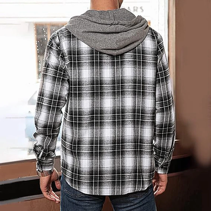 Hooded Flannel Plaid Shirt for Men Drawstring Long Sleeve Casual Regular Fit Button Down Tee Shirts Tops