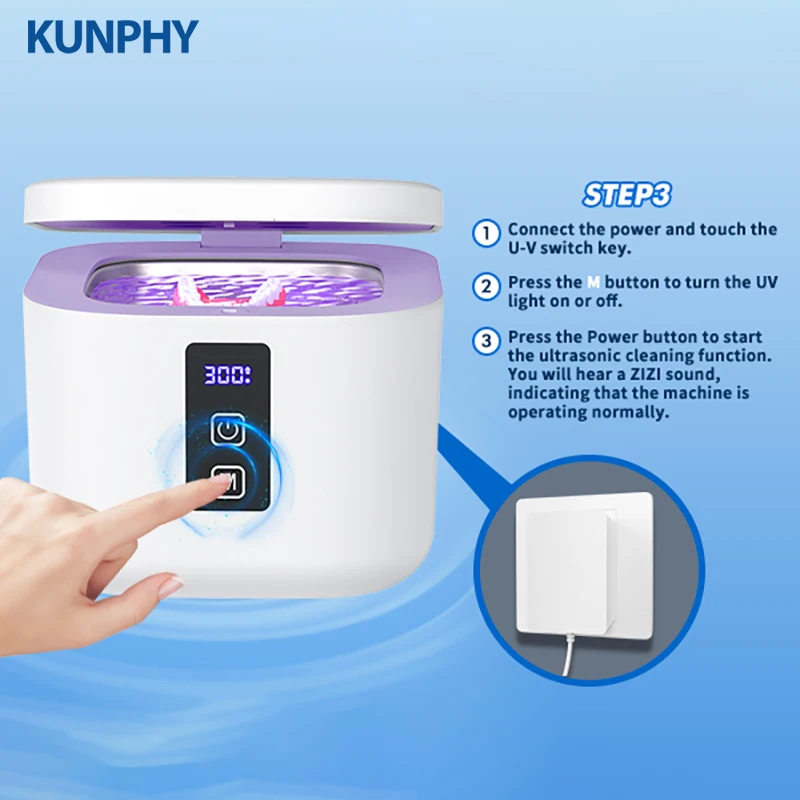 KUNPHY-Mini máquina limpiadora UV ultrasónica portátil para el hogar, alineador de dentaduras postizas, retenedor, bandejas blanqueadoras, anillo