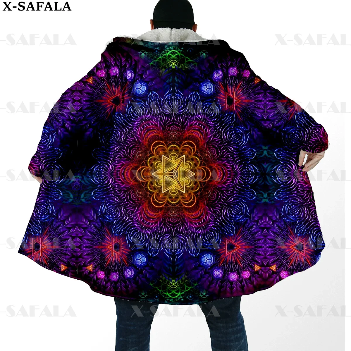 Hippie Psychedelic Cetakan Trippy Warna-warni Jubah Bertudung Tebal Hangat Mantel Mantel Pria Jubah Bulu Tahan Angin Selimut Bertudung-11