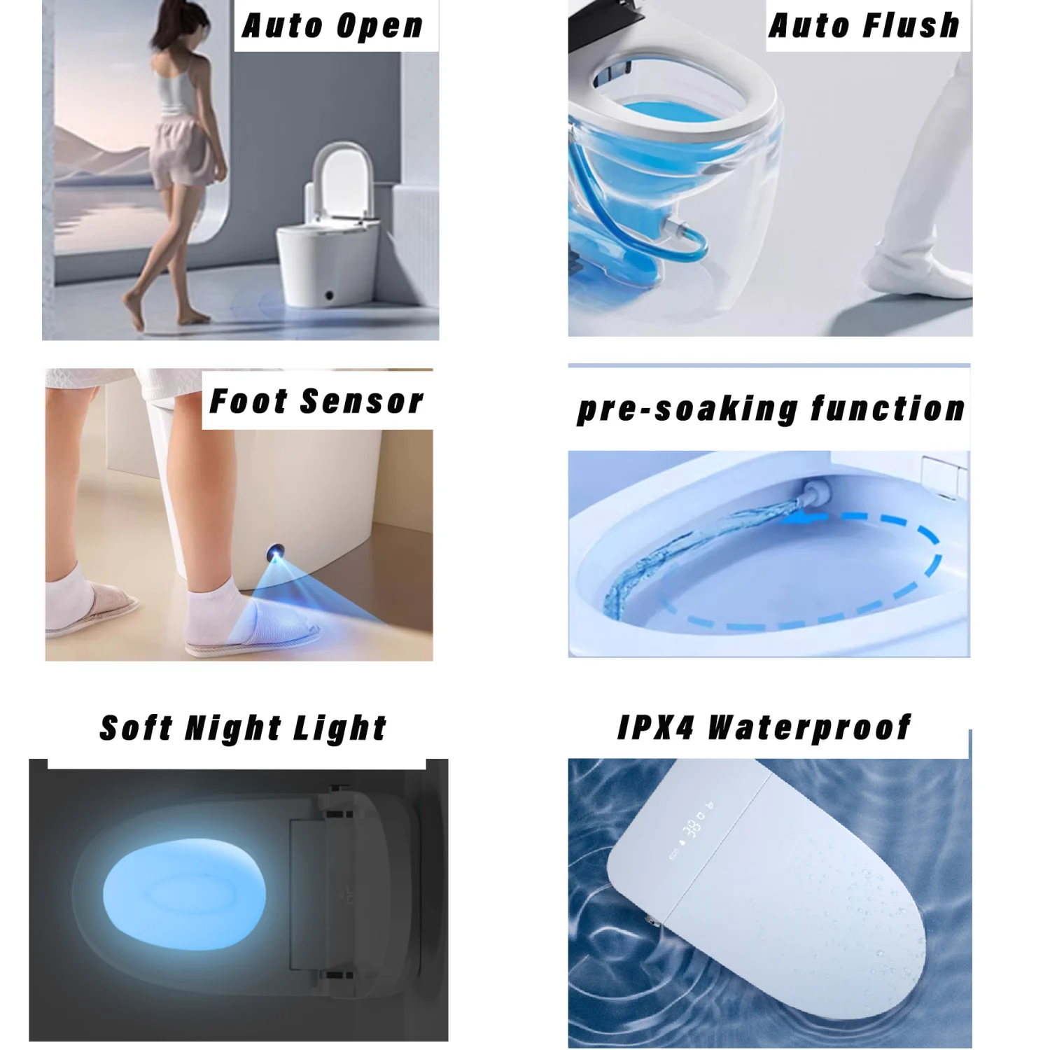 Toilette intelligente intelligente di lusso con spruzzatore d'acqua calda, asciugatrice, scarico automatico, sensore piede, sedile bidet riscaldato, display a LED bianco