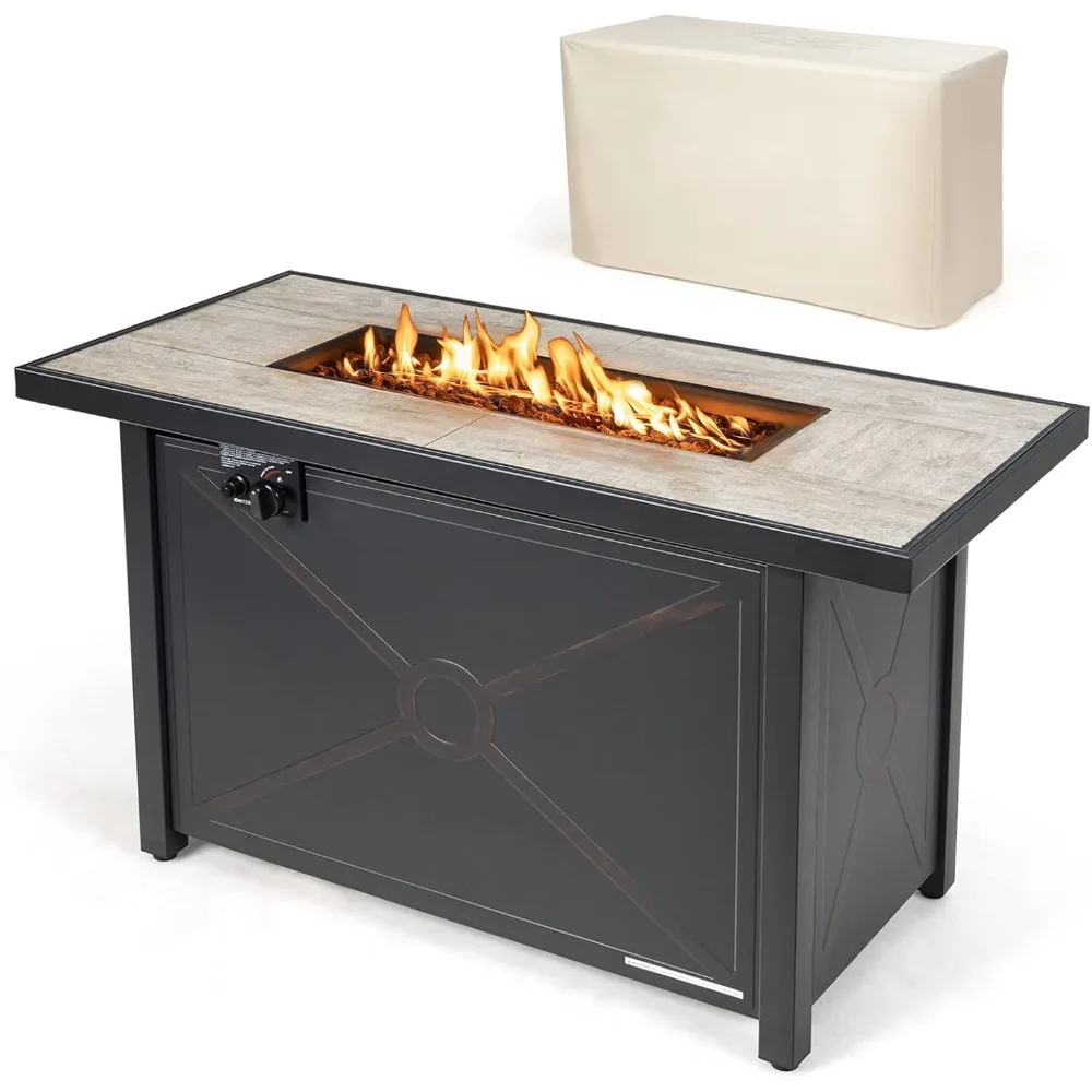 

42 Inch Propane Fire Pit Table, Patiojoy 60,000 BTU Outdoor Rectangle Gas Fire Table with Ceramic Tabletop, Lava Rocks & PVC Co