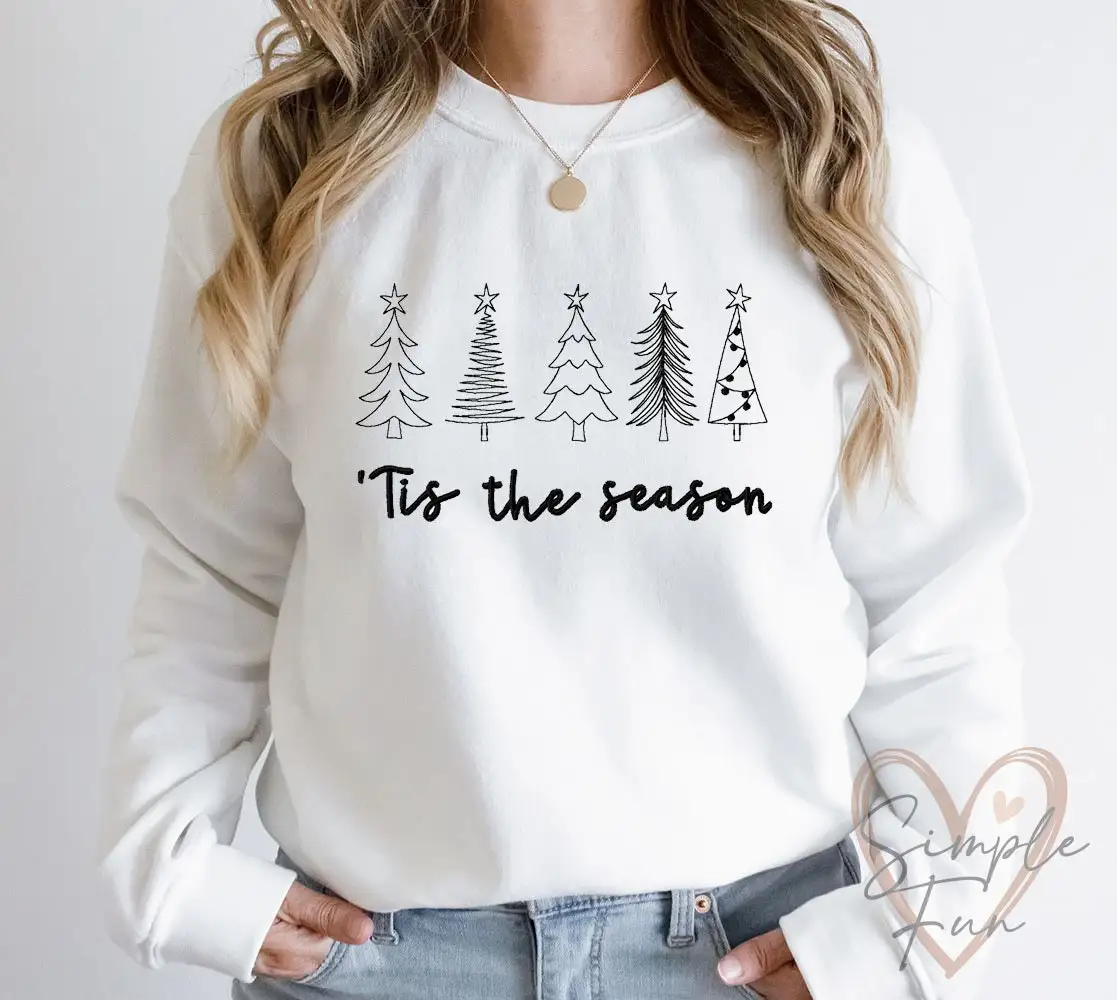 Tis The Season Fashion Slogan Christmas Women Sweatshirt Cute Cotton Stick Figure Christmas Tree Sweater Christmas Girl Tops