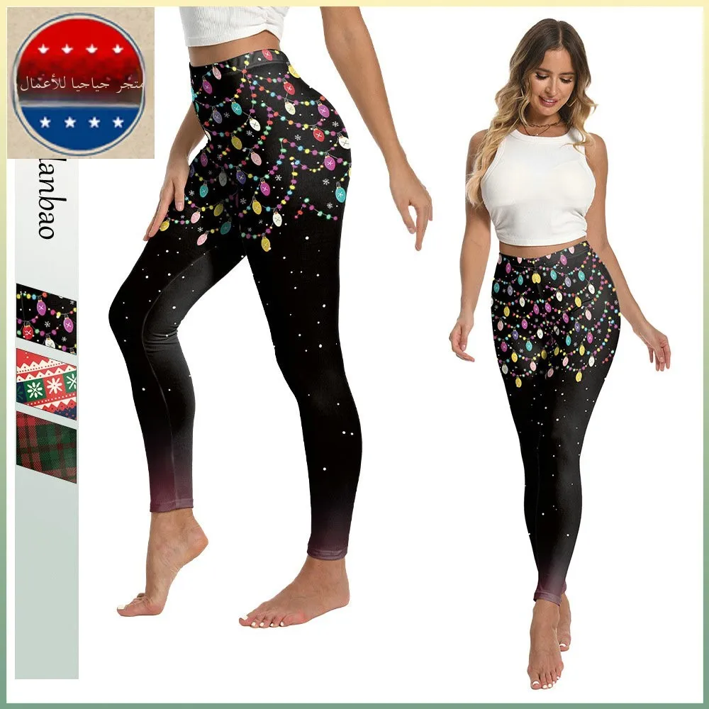 

Women's Tight Fit Yoga Pants Christmas New Style Digital Print Starry Sequins Sports Pants Casual Trousers for Ladies