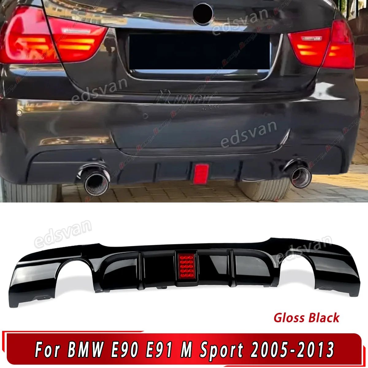 Glänzend Schwarz für BMW 3er E90 E91 318d 320i M-Tech 2005-2012 Heckstoßstange Unterer Diffusor Spoiler Splitter Lippe mit LED Bodykit Tuning
