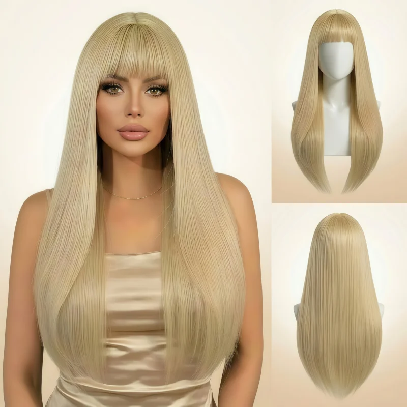 Elegant 26 Ladies Wig, High Temperature Synthetic, Light Gold, Straight Hair with Bangs, Wig for Everyone, Pure Desire Style, Ea